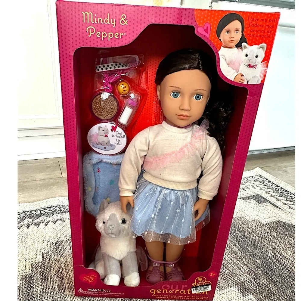 New Our Generation Doll & Pet Set Mindy & Pepper 18” doll and plush kitten set